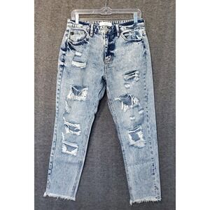 KanCan Jeans Womens 7/27 Blue Acid Wash Distressed High Waist Raw Hem Denim